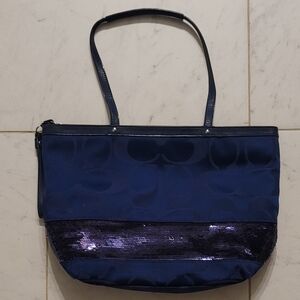 Coach F17574 Signature Tote Handbag Satin Purple Sequins Medium Blue